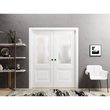 Sartodoors Sliding French Dbl Pocket Doors 64 x 96in, White Silk W/ Frosted Glass, Kit Trims Rail Hardware LUCIA8822DP-WS-6496